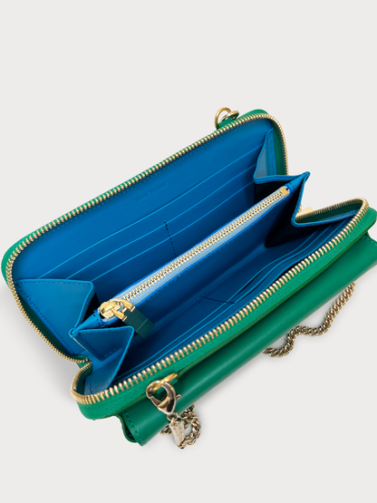 Mel Boteri | 'Himani' Wallet Clutch Bag With Detachable Cross-Body Strap | emerald leather | Turquoise Lining