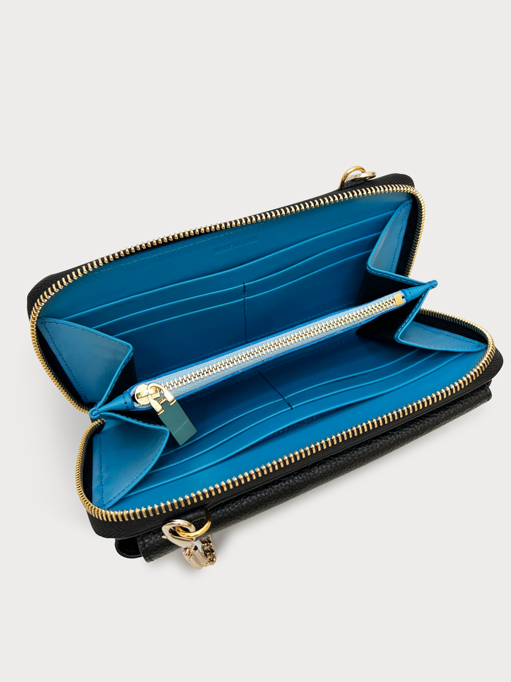 Mel Boteri | 'Himani' Wallet Clutch Bag With Detachable Cross-Body Strap | nero leather | Turquoise Lining